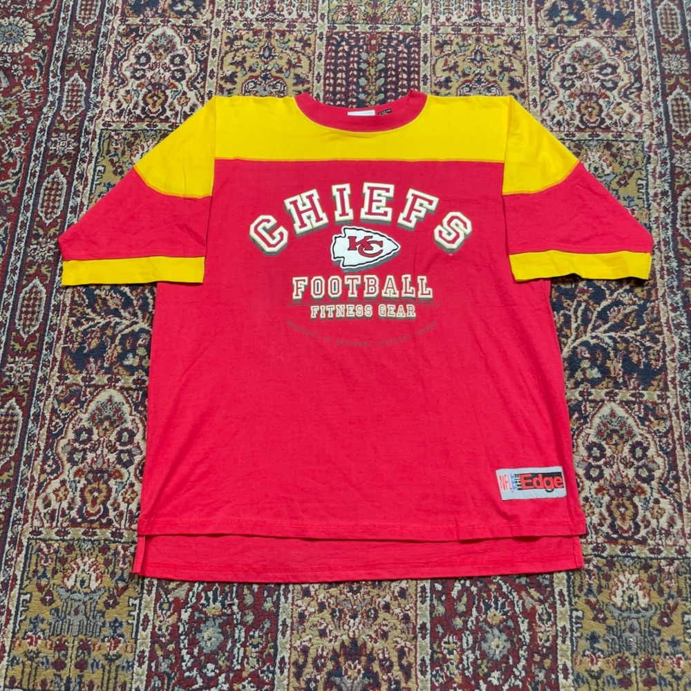 VTG 1995 Kansas City Chiefs NFL The Edge T-Shirt Red Yellow XL USA Logo Striped